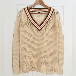 Free People We The Free  VNeck Crochet Varsity Sweater Size S